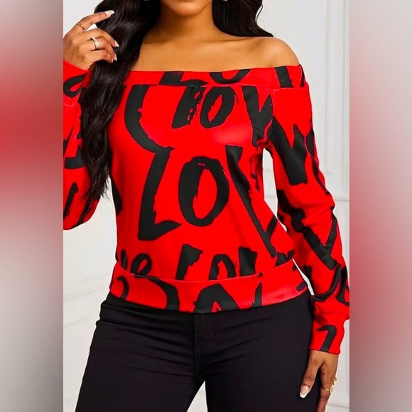 Red & Black “Love” Print Off-Shoulder Long Sleeve Shirt, NWOT - Picture 2 of 5